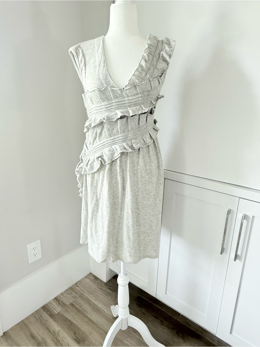 Anthropologies Knitted & knotted-Sleeveless Light Gray Ruffle Wrap Dress